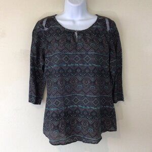 Kuhl Purple Print 3/4 Sleeve Organic Cotton and Silk Blend Blouse